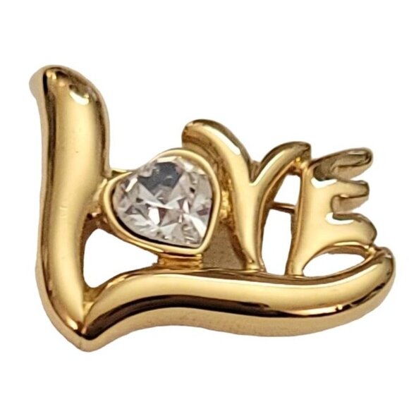 Monet Vintage Gold Tone Heart Rhinestone LOVE Brooch Pin, Signed L32 - Picture 10 of 10